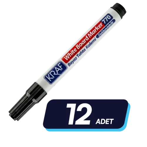 Kraf Beyaz Tahta Kalemi Doldurulabilir 770 Siyah 12'li Paket